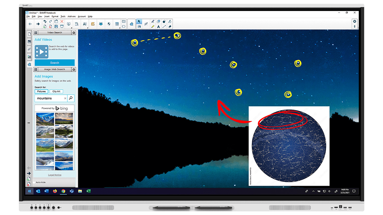 SMART Notebook lesson displaying an interactive astronomy activity with the Big Dipper constellation and a star map on a SMART Board.